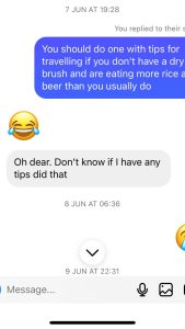 text exchange about travelling with lipoedema and dry brushing