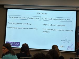 Slide from Karen Herbst’s presentation at 2024 Lipoedema Australia Conference about whether there is oedema in lipoedema